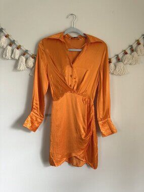 Zara Silky Satin Orange Button Front Faux Wrap Mini Long Sleeve Dress Coquette